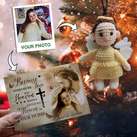 Personalized Ornament Crochet Doll with Photo Card "For GOD Because Someone We Love Is In Heaven"
