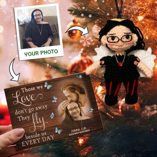 Personalized Ornament Crochet Doll with Photo Card "Safe In God's Hands Those We Love Don't Go Away"
