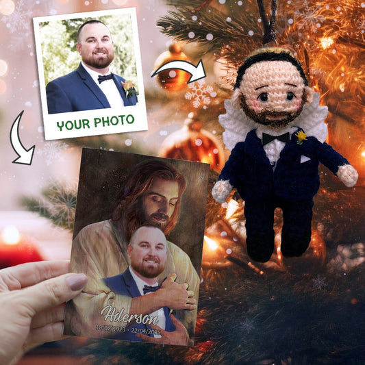 Personalized Ornament Crochet Doll with Photo Card "Safe In God's Hands"