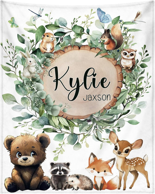 Personalized Baby Blankets for Girls | Custom Baby Blanket with Name for Kids | Woodland Animals-d