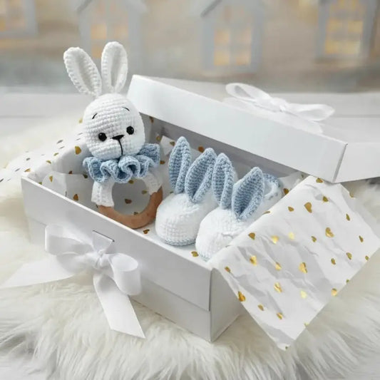 Crochet Cute Bunny Rattle and Rabbit Ear Baby Booties Gift Set