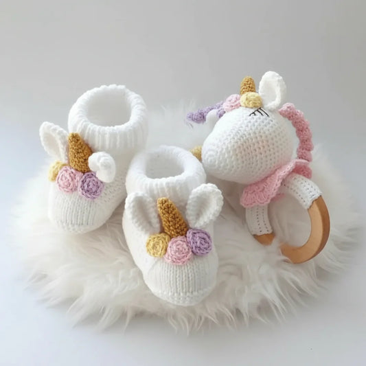 Crochet Cute Unicorn Rattle and Unicorn Baby Booties Gift Set 2pc
