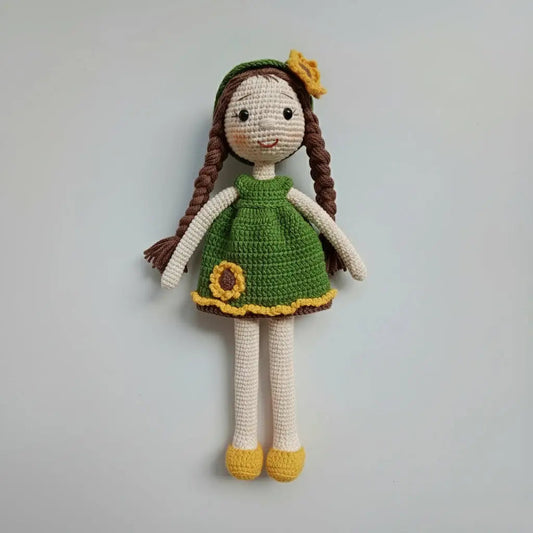 Crochet Little Girl Doll Toy - Green Dress with Sunflowers