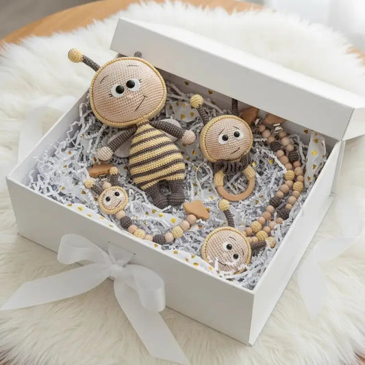 Handmade Crochet Bee Toy Gift Set (4pc) - Rattle Toy, Dummy Clip, Pram Toy Clip