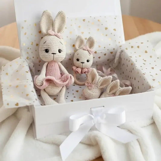 Handmade Crochet Bunny Toy Gift Set (3pc) - Fancy Pink Dress