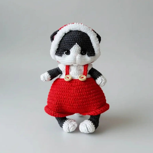 Handmade Crochet Cute Black Kitten Toy in Santa Costume