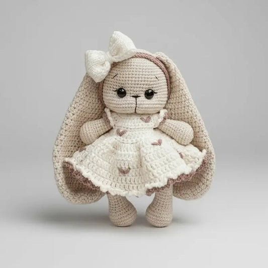 Handmade Crochet Long ear Cute Bunny in Fancy Cream Dress