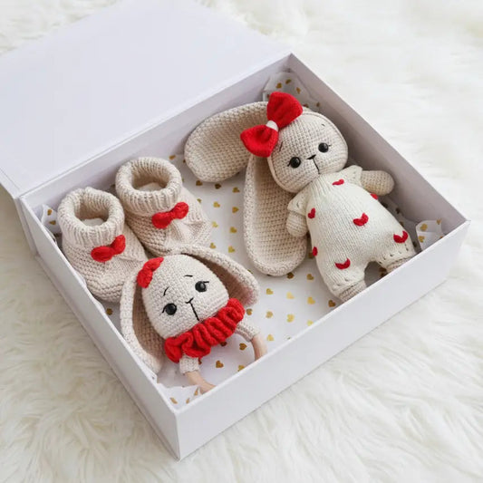 Handmade Crochet Long ear Cute Bunny in White Jumper with hearts Toy Gift Set (3pc)