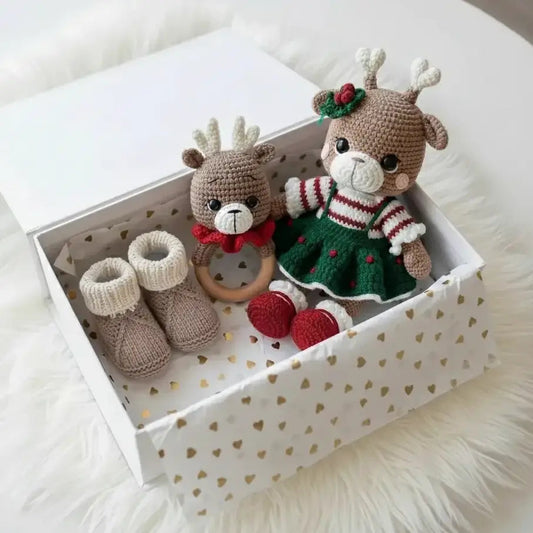 Handmade Crochet Reindeer Toy, Baby Booties and Rattle Toy Set 3pc