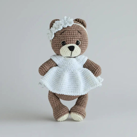 Handmade Crochet Teddy Bear in White Dress – Soft Toy Gift for Girls 🧸