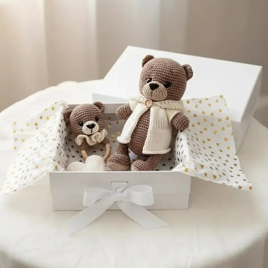 Handmade Crochet Teddy Bear in White Jumpsuit Toy Gift Set (3pc)
