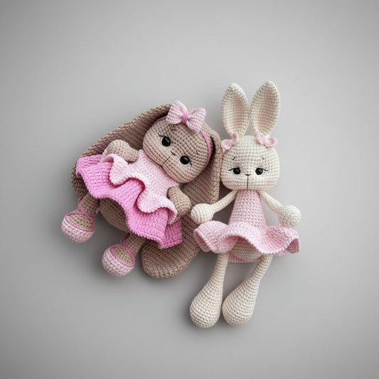 Adorable Bunny Duo - Handmade Crochet Bunnies in Pink Dresses (Set of 2)