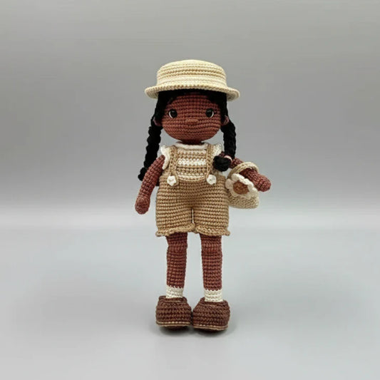 Crochet Dark Hair Girl Doll with Hat - Handmade Toy for Girls