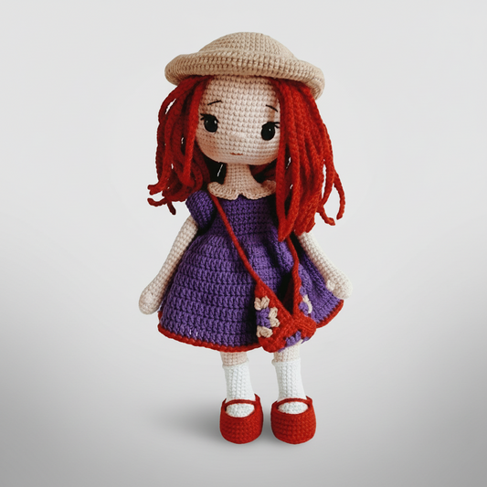 Crochet Red Hair Girl Doll in Purple Dress