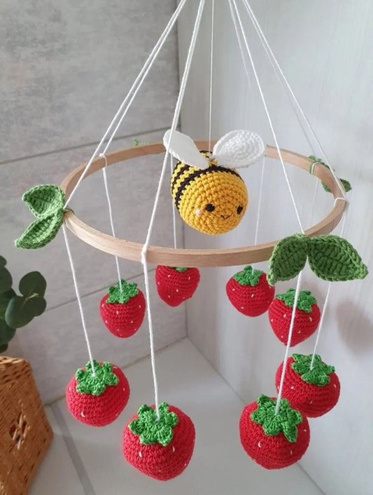 Crochet Strawberries and Bee Baby Mobile🍓🐝