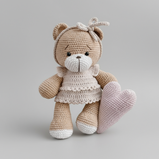 Crochet Teddy Bear Girl Toy with Pink Heart