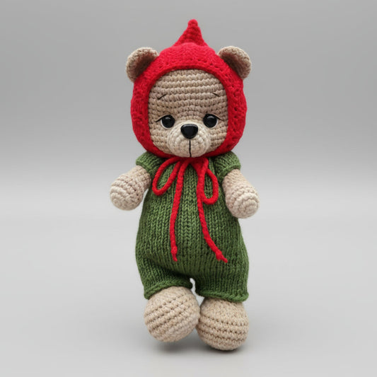 Crochet Teddy Bear in Green Jumper and Red Hat