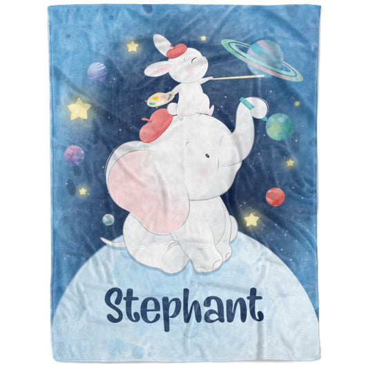 Custom Baby Boy Blanket with Name – Space Elephant & Bunny Design