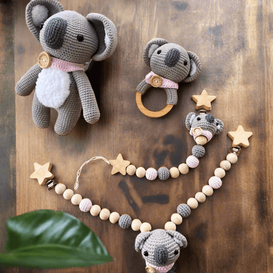 Handmade Crochet Koala Toy Gift Set (4pc) - Dummy Clip, Pram Toy Clip, Rattle Toy