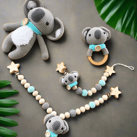 Handmade Crochet Koala Toy Gift Set (4pc) - Dummy Clip, Pram Toy Clip, Rattle Toy - Joy Gift London