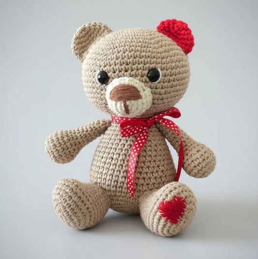 Valentine’s Style Crochet Teddy Bear – Heart Feet & Red Bow