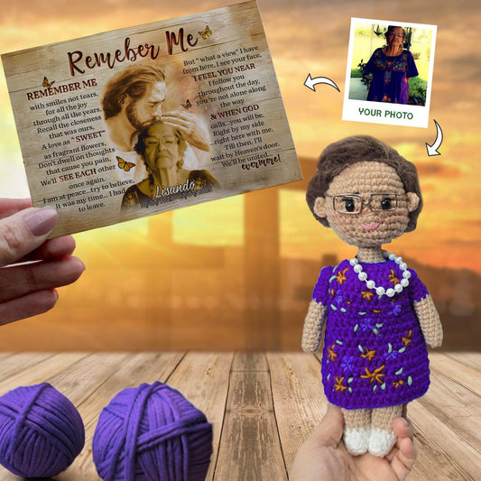 Personalized Crochet Doll with Photo Card "Safe In The Arms Of Jesus Remember Me"