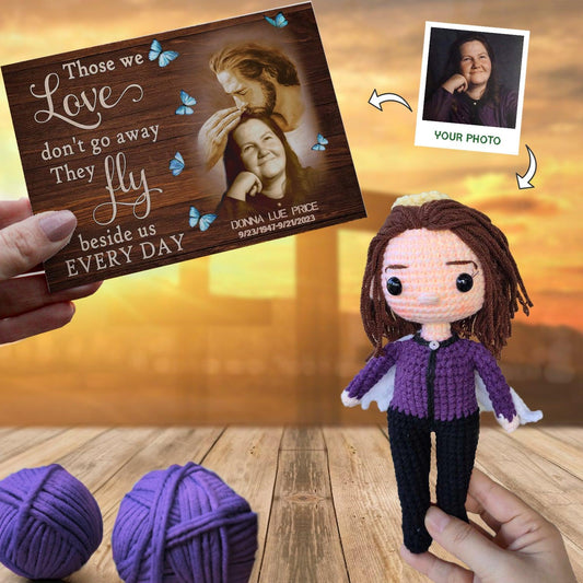 Personalized Crochet Doll with Photo Card "Safe In God's Hands Those We Love Don't Go Away"