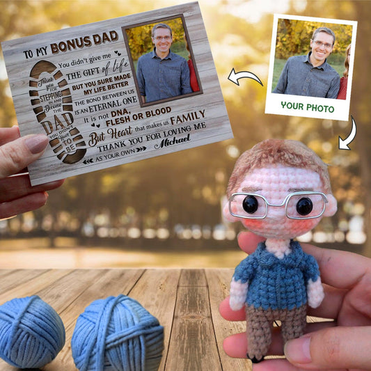 Personalized Crochet Doll with Photo Card "To My Bonus Dad"