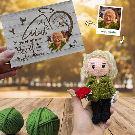 Personalized Crochet Doll with Photo Card "Part Of Our Hearts Is With Our Angel In Heaven"