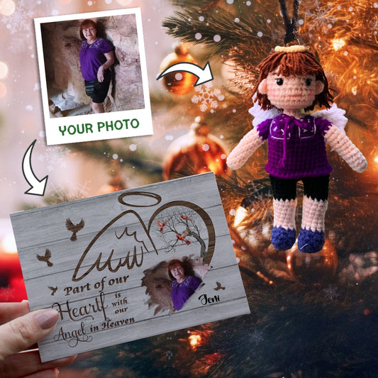 Personalized Ornament Crochet Doll with Photo Card "Part of our hearts is with our Angel in Heaven"