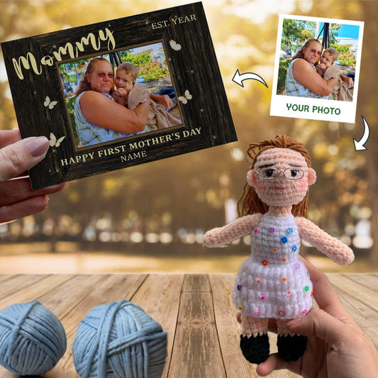 Personalized Crochet Doll with Photo Card "Happy First Mother’s Day"