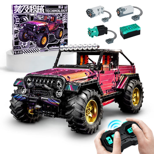Jeep Wrangler Plated Off-Road Pickup with Electric Chassis Lifting, 1:10 MOC Remote Control Truck, 2088 Pcs