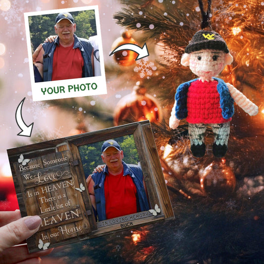Personalized Ornament Crochet Doll with Photo Card "Because Someone We Love Is In Heaven 2"