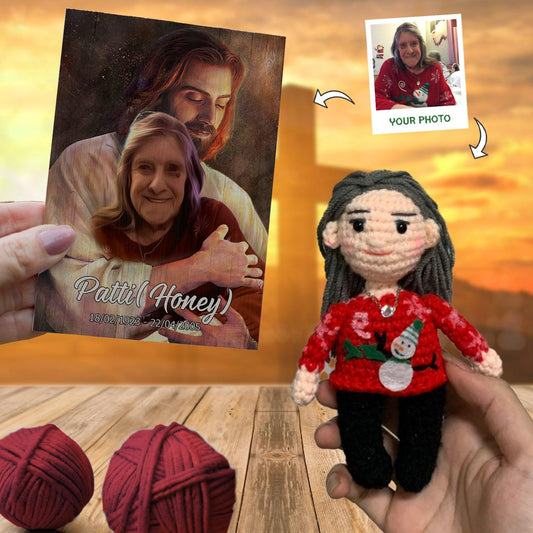 Personalized Crochet Doll with Photo Card "Safe In God's Hands"