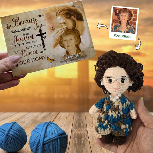 Personalized Crochet Doll with Photo Card "For GOD Because Someone We Love Is In Heaven"