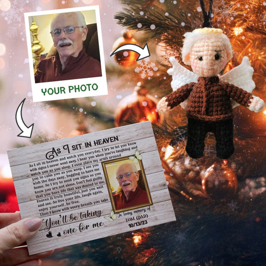 Personalized Ornament Crochet Doll with Photo Card "As I Sit In Heaven"