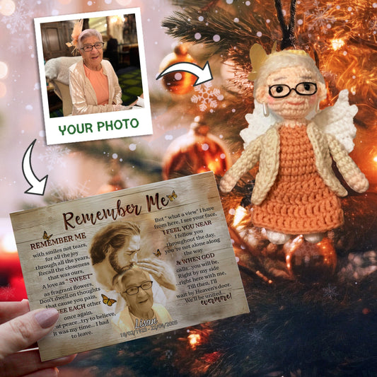 Personalized Ornament Crochet Doll with Photo Card "Safe In The Arms Of Jesus Remember Me"