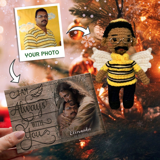 Personalized Ornament Crochet Doll with Photo Card "Safe In God's Hands I Am Alway With You"