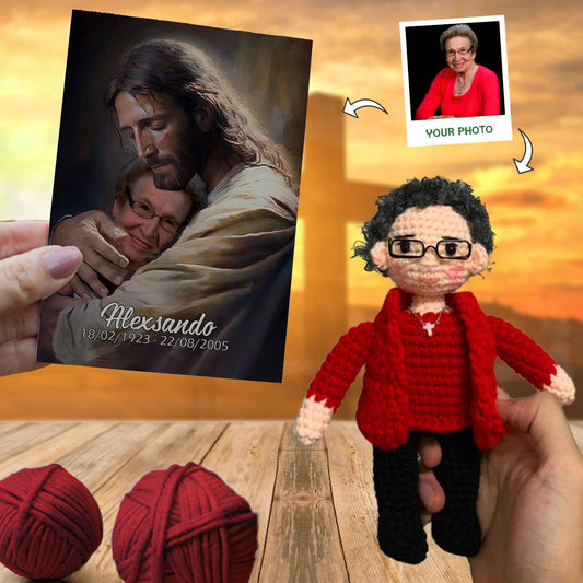 Personalized Crochet Doll with Photo Card "Welcome Home Safe In The Arms Of Jesus"