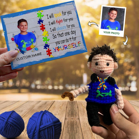 Personalized Crochet Doll with Photo Card "I Will Speak For You Autism Awareness"