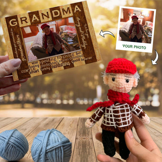 Personalized Crochet Doll with Photo Card "Picture Frame for Grandma"
