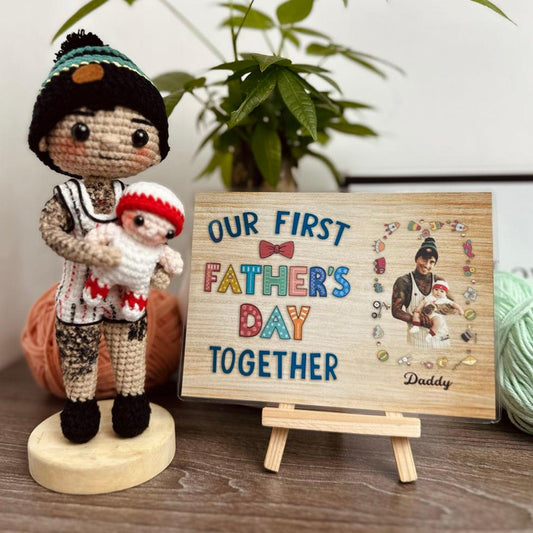 Personalized Crochet Doll with Photo Card "Our first Father's day together"
