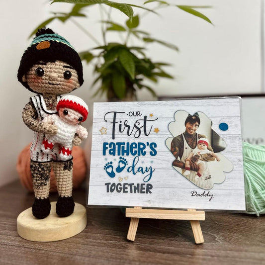 Personalized Crochet Doll with Photo Card "Our First Father's Day Together"