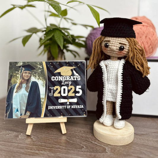 Personalized Crochet Doll with Photo Card "Congrats Class of 2025 Graduation Day"