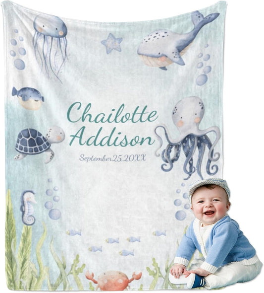 Personalized Baby Blanket with Name for Girls, Custom Blue Ocean Baby Blanket