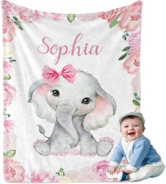 Personalized Baby Blanket with Name for Girls, Custom Pink Elephant Baby Blanket