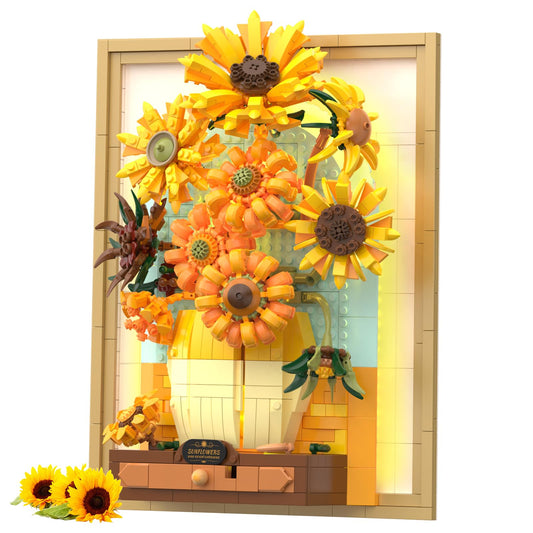Sunflower Flower Set with Sensor Light, 3D Sunflower Van Gogh Painting Frame Wall Art Crafts (1166 Pcs)