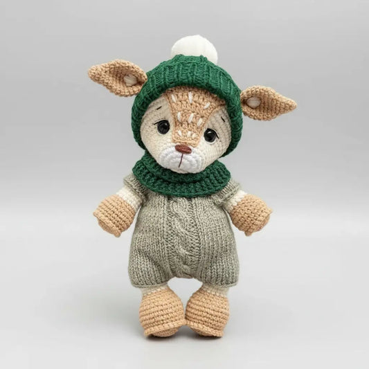 Adorable Handmade Crochet Deer in Green Hat and Grey Outfit