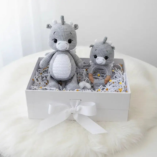 Crochet Cute Grey Dino and Rattle Toy Set 2pc