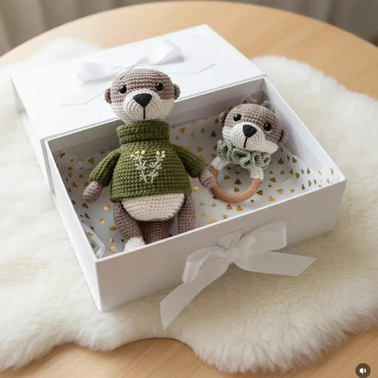 Crochet Cute Meerkat in Green Jumpsuit Toy and Rattle Toy Gift Set 2pc